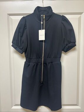 entro Navy Zip-Front Puff Sleeve Mini Dress